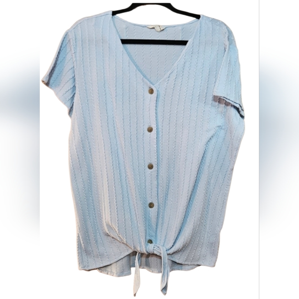 Weatherproof Vintage XXL Light Blue Textured knit Button Front Tie Top